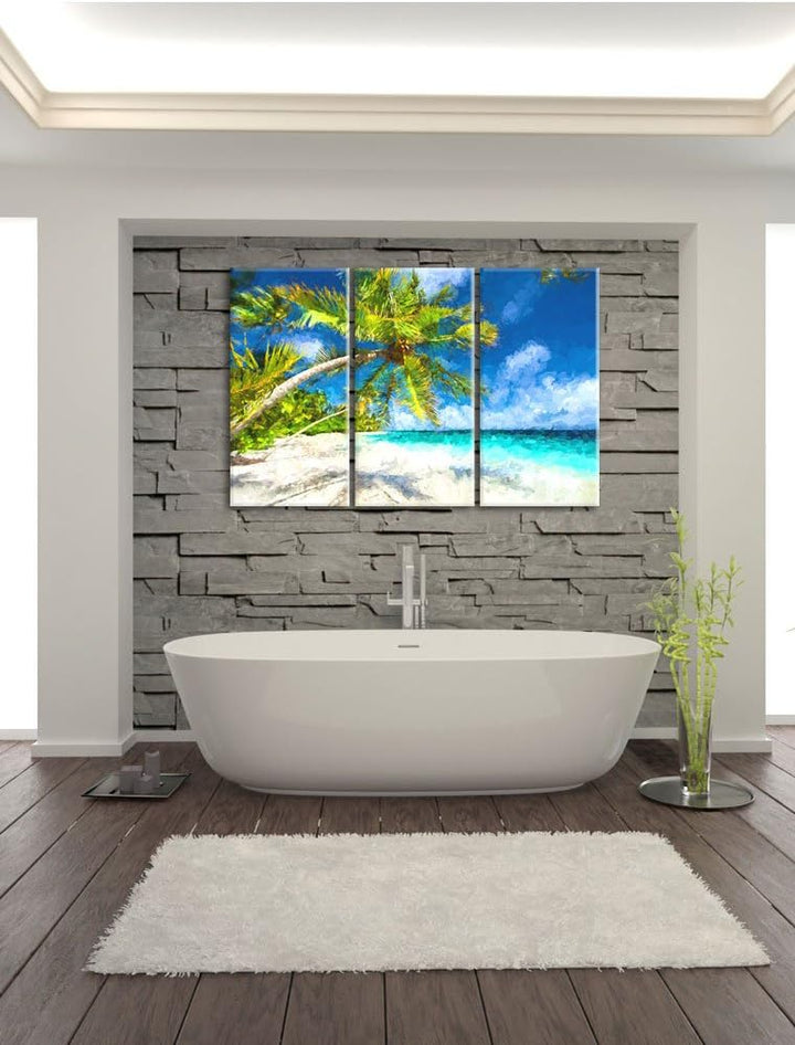 Pixxprint Palmenstrand als Leinwandbild/Grösse: 3 Teilig (120x80 cm) cm/Wandbild/Kunstdruck/fertig b