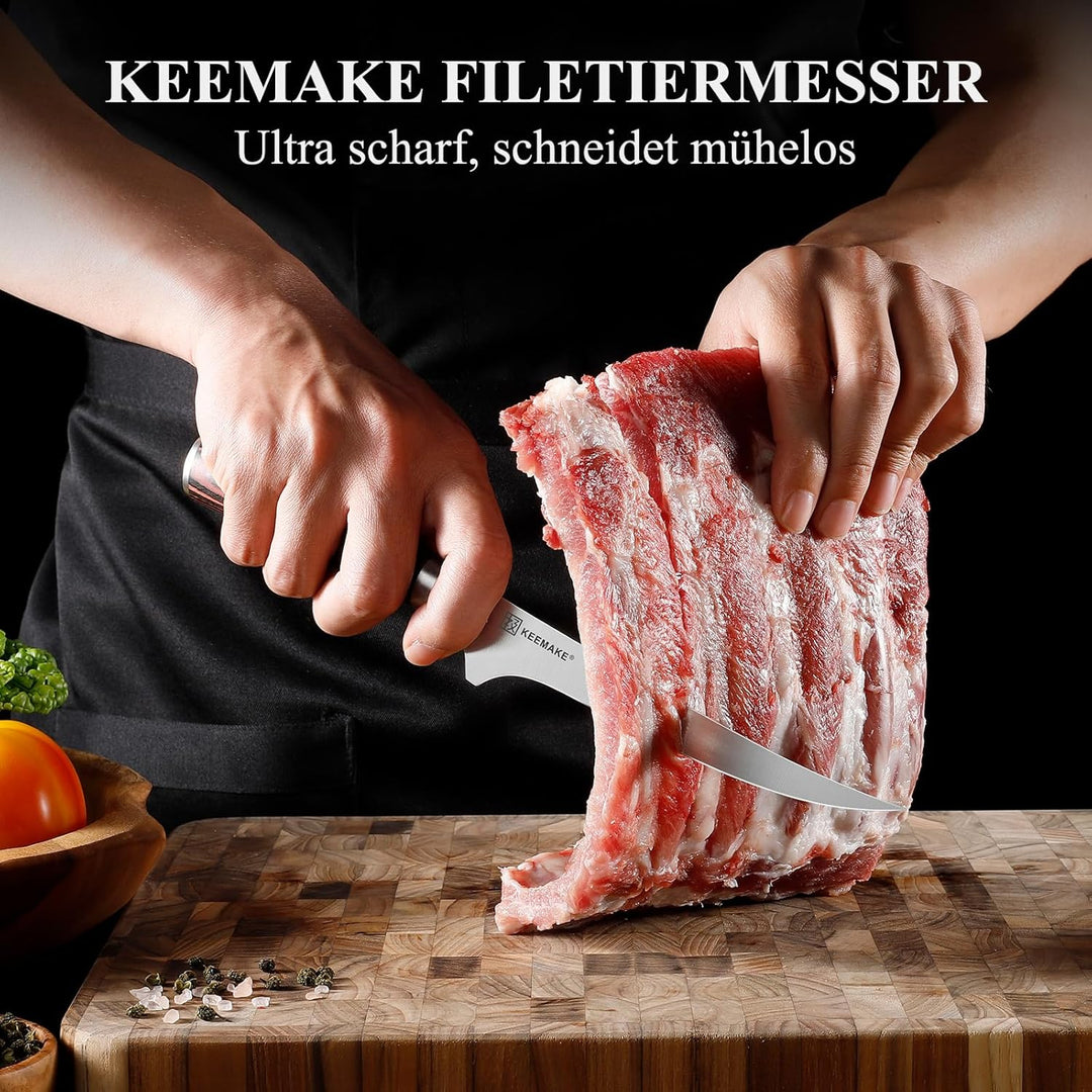 KEEMAKE Filetiermesser 15 cm, Profi Fischmesser Ausbeinmesser mit Ergonomischem Pakkaholz-Griff, Küc