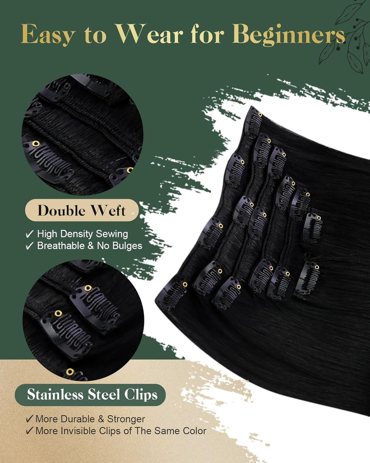 Ugeat 18Zoll/45cm Echthaar Extensions Clip in Schwarz Echte Haare Tressen Extensions 7Stück Clip in