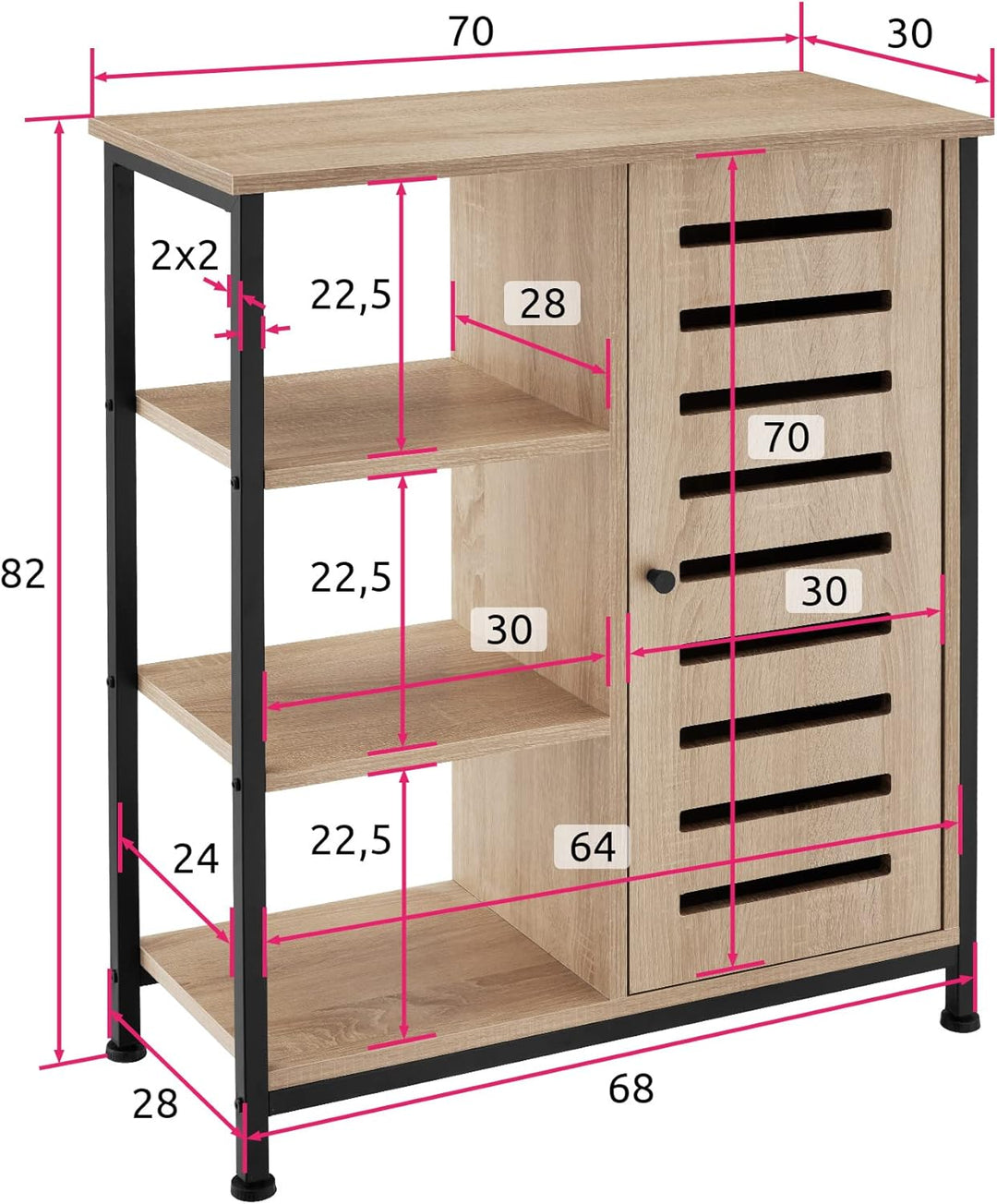 tectake Sideboard mit 3 Fächern und Schrankfach, 71 x 32 x 82 cm, Industrie-Design, Holz Kommode für