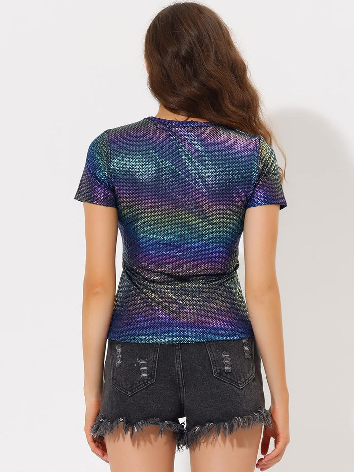 Allegra K Damen Sexy Metallic Party Top Outfit Festival Glitzer Kurzarm Rundhals T-Shirt Oberteil Bl