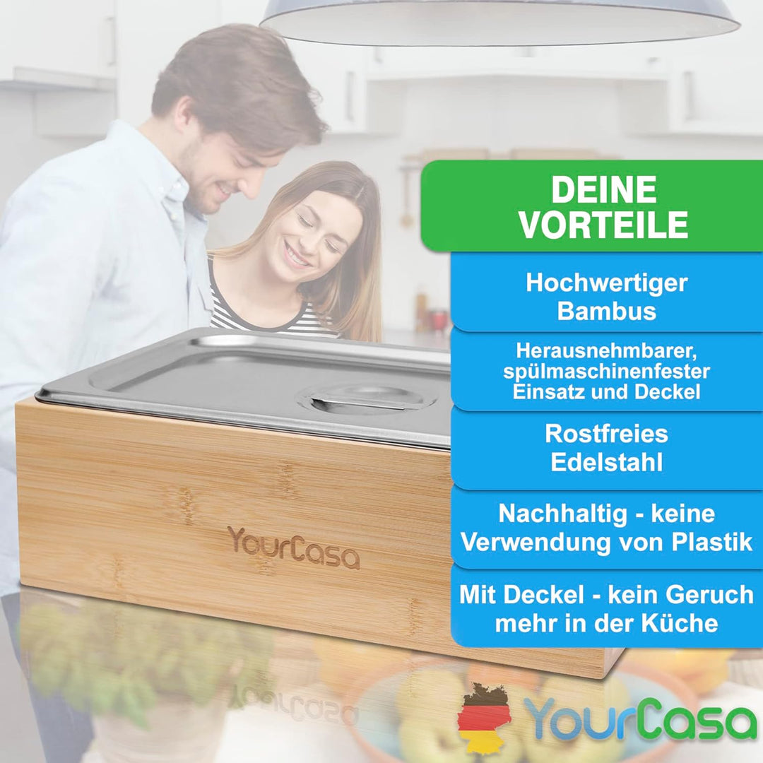 YourCasa® Biomülleimer Küche - Bambus Holz & Edelstahl - für alltäglichen Bio Müll - Spülmaschinenfe