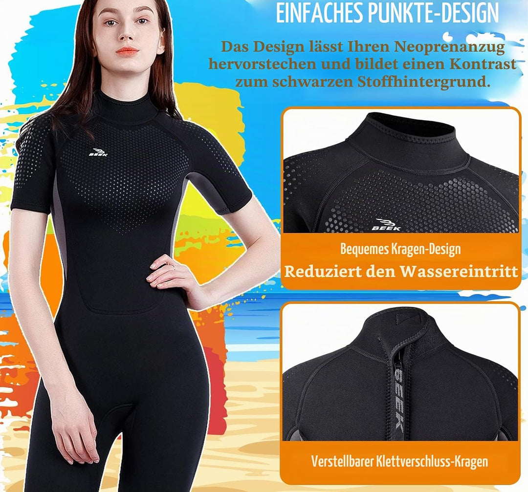 Neoprenanzug Damen und Herren Kurz 3mm für Herren Rückenreissverschluss zum Tauchen, Schnorcheln, Su