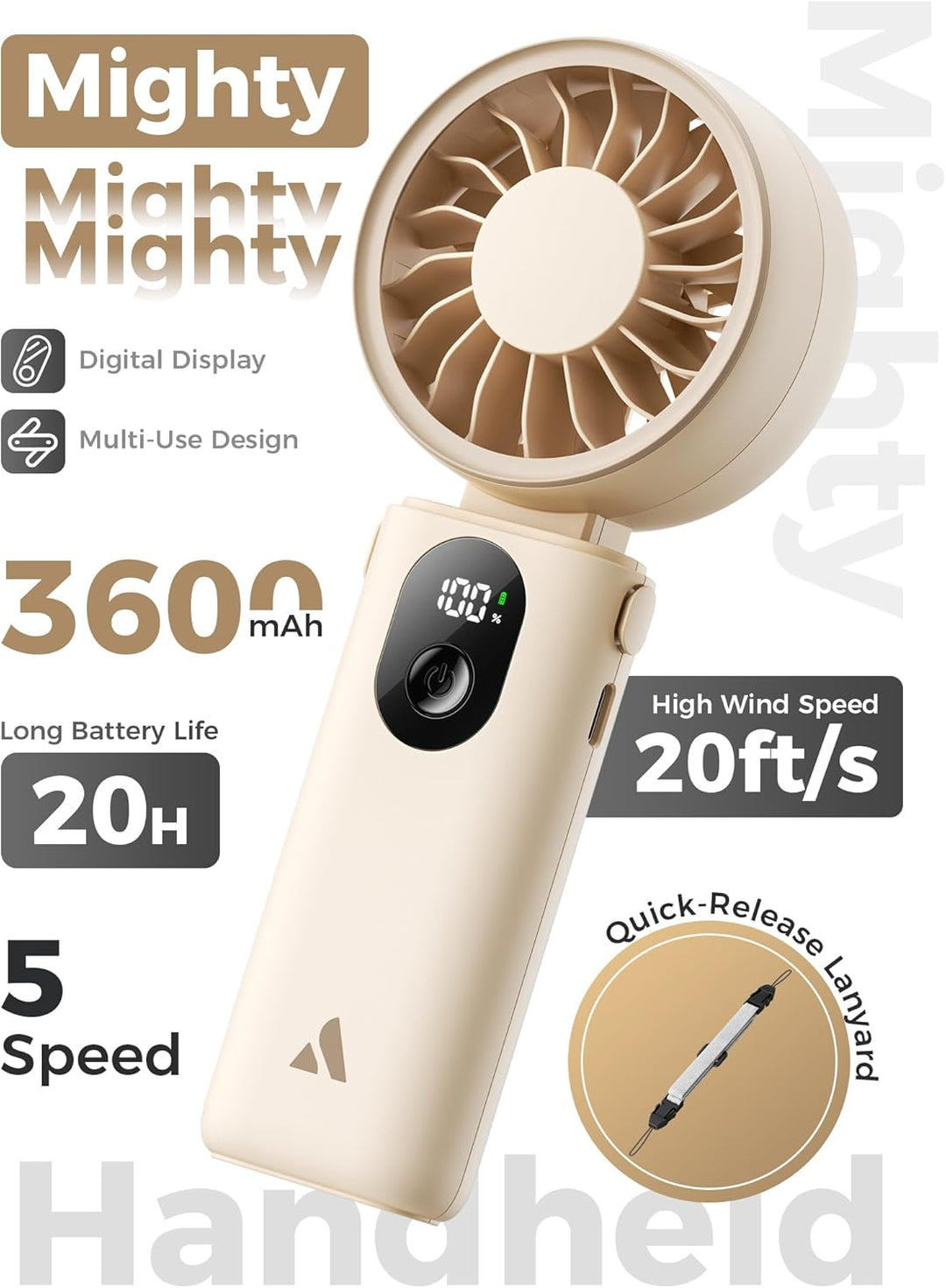 Aecooly 3-in-1 Handventilator | Max. 20 Stunden Laufzeit | 5 Windstufen mit LED-Anzeige | USB-wieder