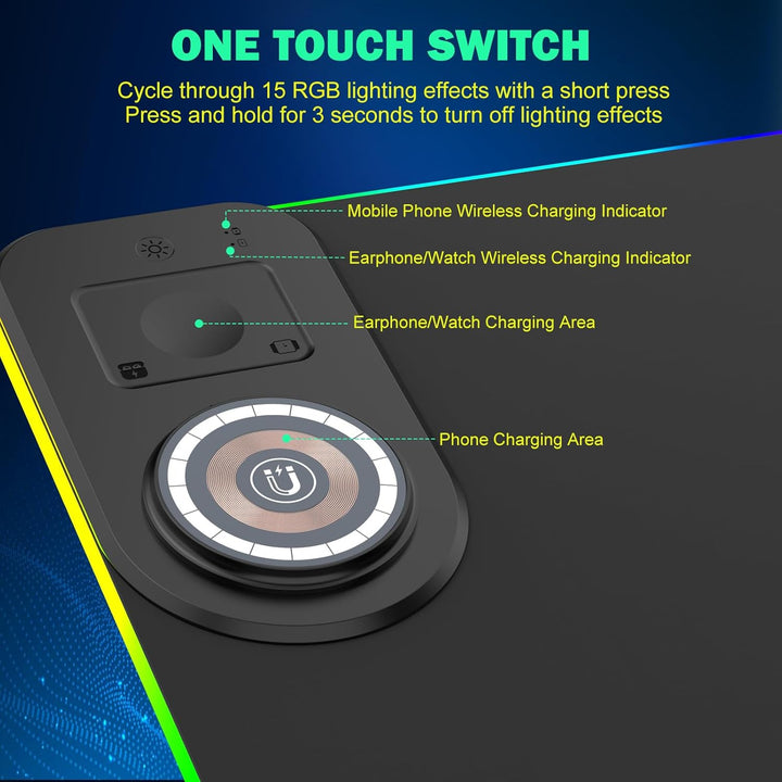 RGB Gaming Mauspad 15W Qi Mousepad LED 800x350x4mm 10 Beleuchtungsmodi mit 10W Schnellladung Qi Kabe