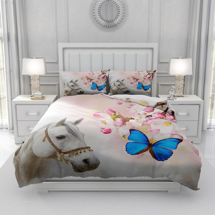 Pferde Bettwäsche Set 135x200 cm, Kinderbettwäsche, Pferde Motiv 3D Tier Motiv, Mikrofaser, Sehr Wei