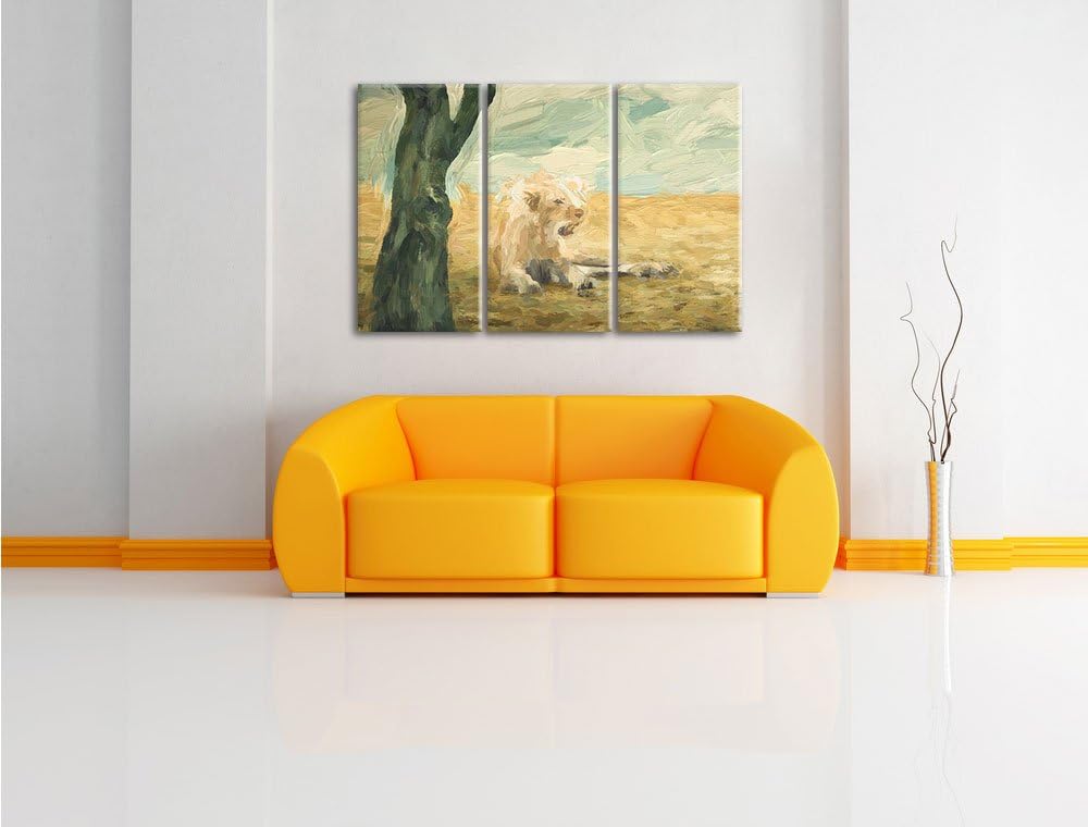 Pixxprint Löwin Ruhe Savanne Kunst Pinsel Effekt 3-Teiler Leinwandbild 120x80 Bild auf Leinwand