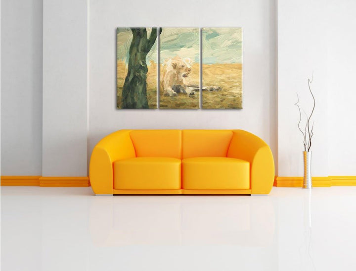 Pixxprint Löwin Ruhe Savanne Kunst Pinsel Effekt 3-Teiler Leinwandbild 120x80 Bild auf Leinwand