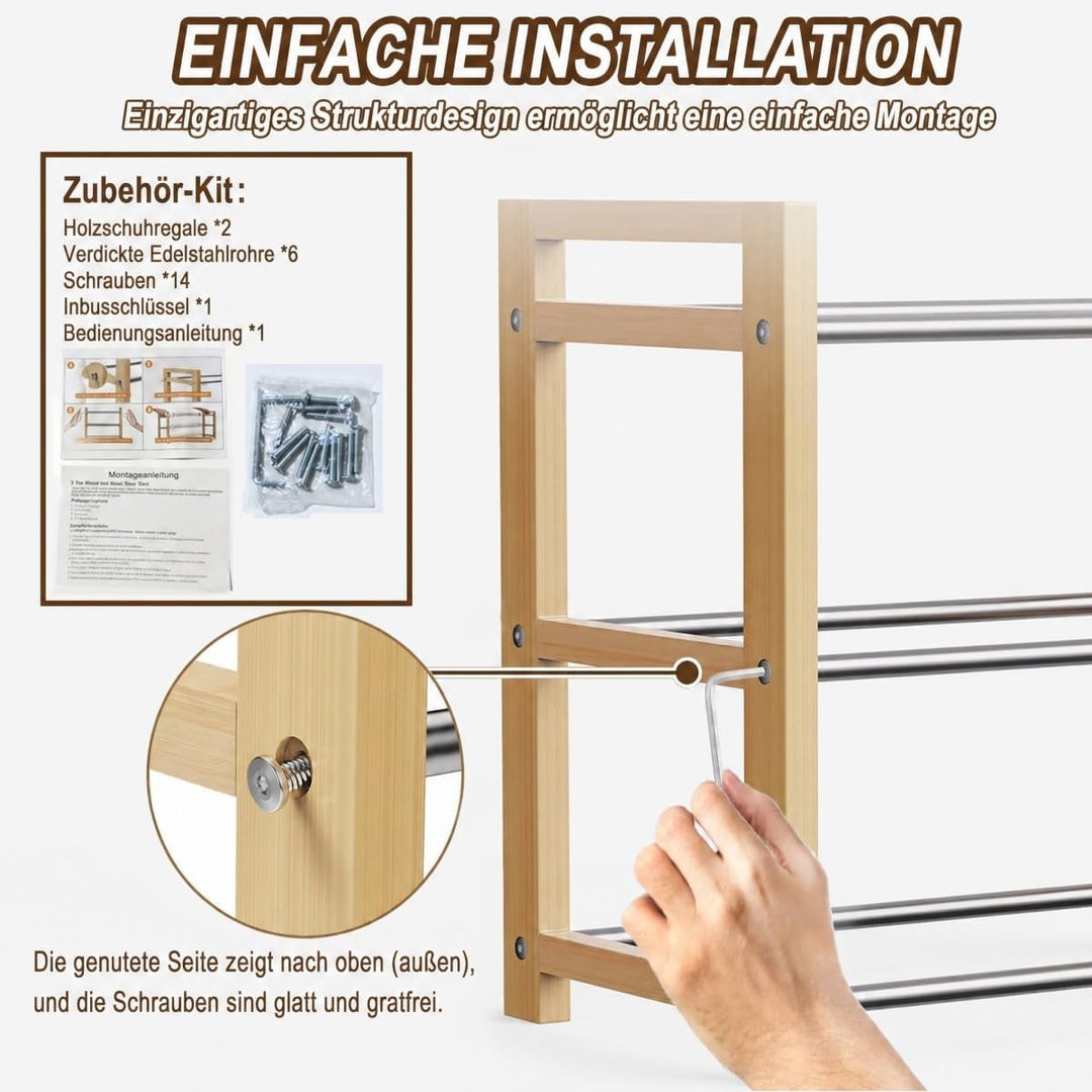 LEMIKKLE Schuhregal Holz Eiche 3-stöckig, Erweiterbar Mit Edelstahl-Elementen, Ideal Für Enge Räume,