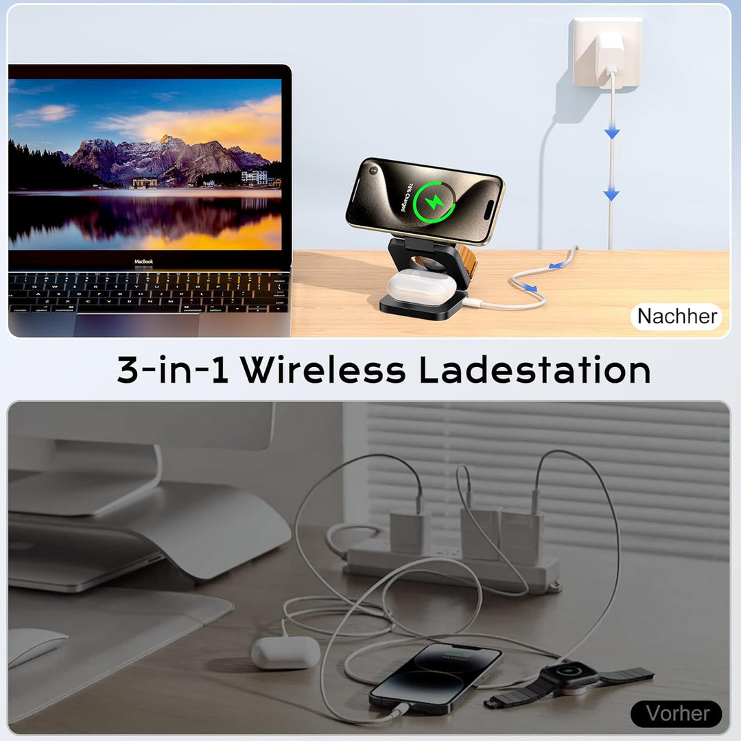 KU XIU Induktive Ladestation Kompatibel mit Magsafe Ladegerät,3-in-1 Ladestation für iPhone 17/16/15
