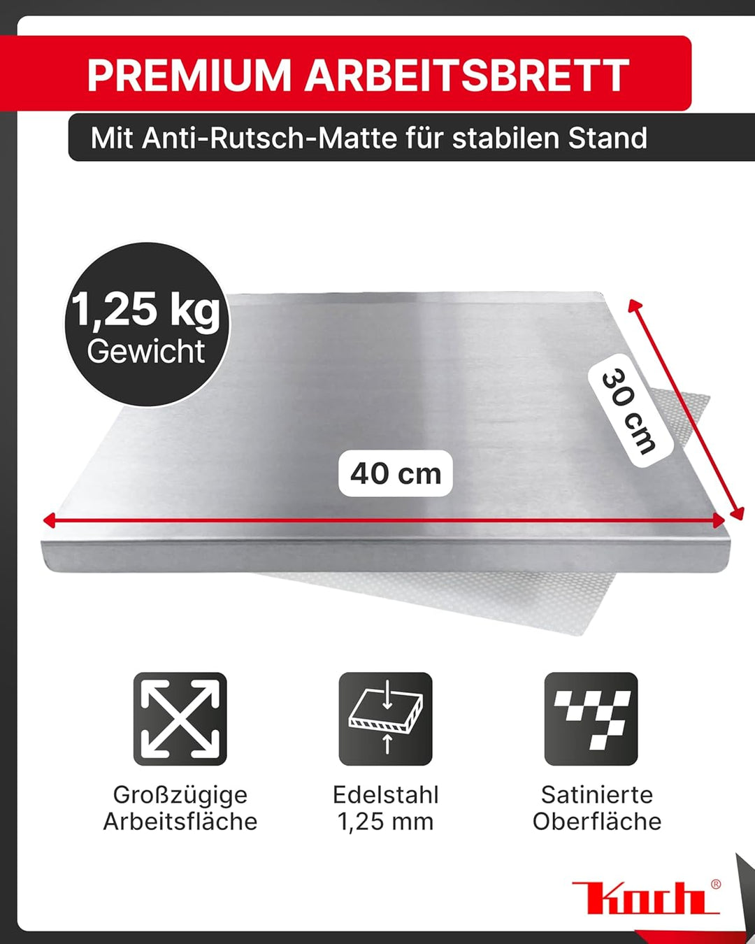 Koch Arbeitsplatte Edelstahl I 40 x 30 cm I Arbeitsfläche, Schneidebrett & Knetbrett mit 2 Anschlagk
