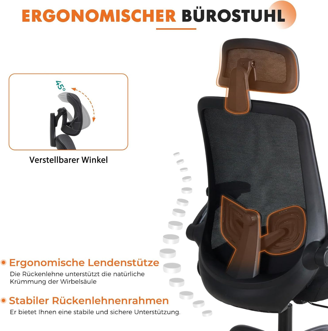 Sweetcrispy Ergonomischer Bürostuhl mit Kopfstütze & verstellbaren Armlehnen, 360° Drehfunktion, Höh
