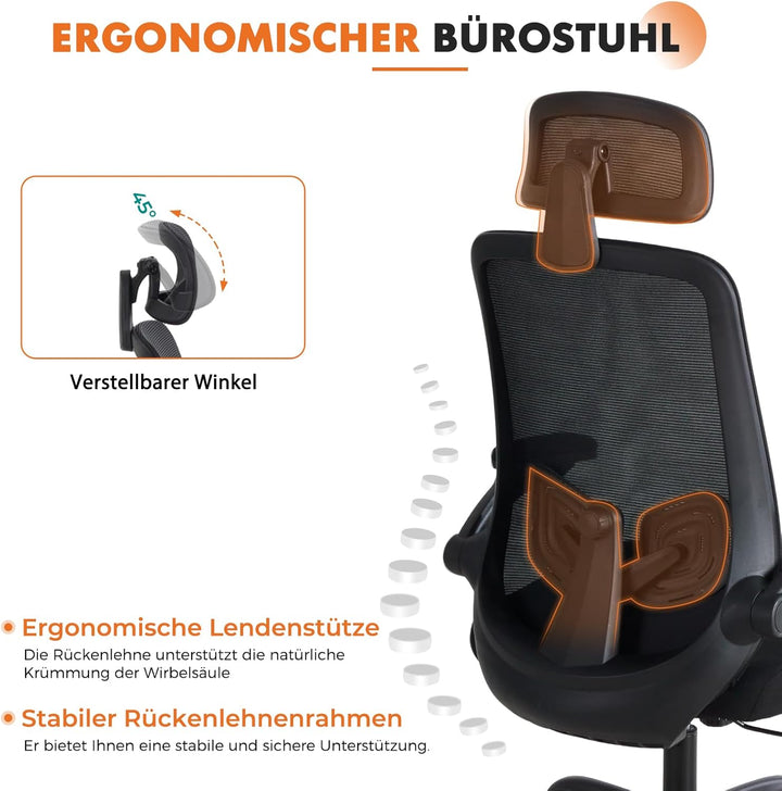 Sweetcrispy Ergonomischer Bürostuhl mit Kopfstütze & verstellbaren Armlehnen, 360° Drehfunktion, Höh
