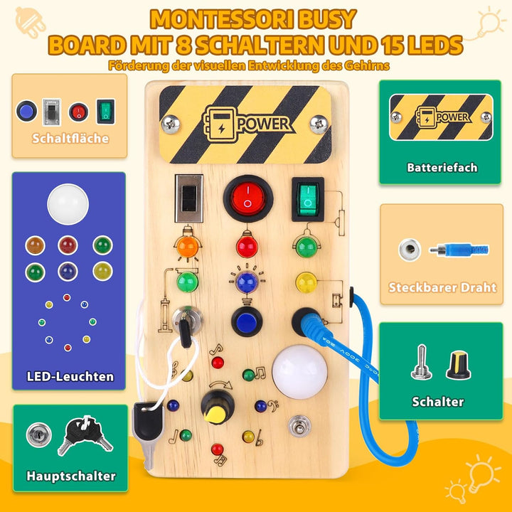Konijiwa Montessori Busy Board 1 Jahr alt Kinder Activity Board Holzspielzeug mit 8 LED-Lichtschalte