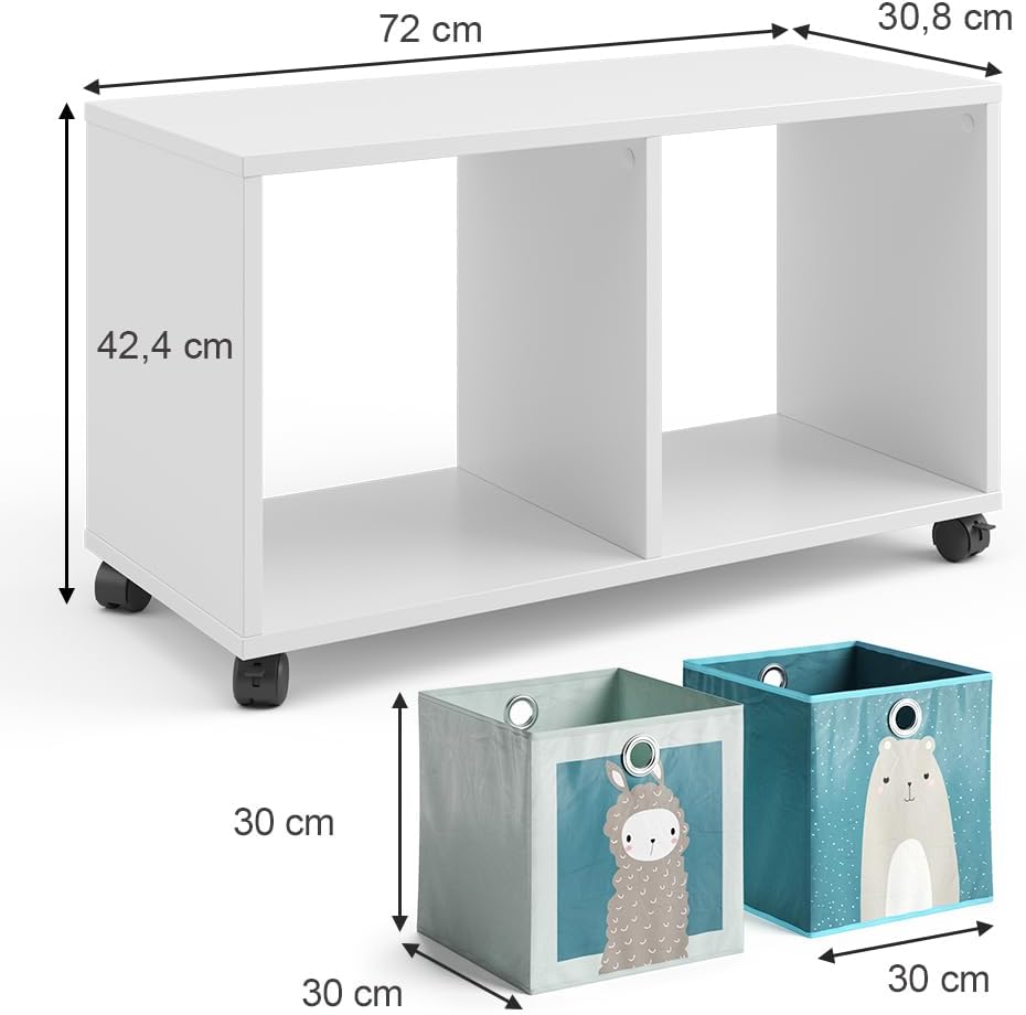 Vicco Kinderregal, Weiss, 72 x 42.4 cm mit 2 Faltboxen, auf Rollen fahrbar mit Zwei offenen Ablagefl