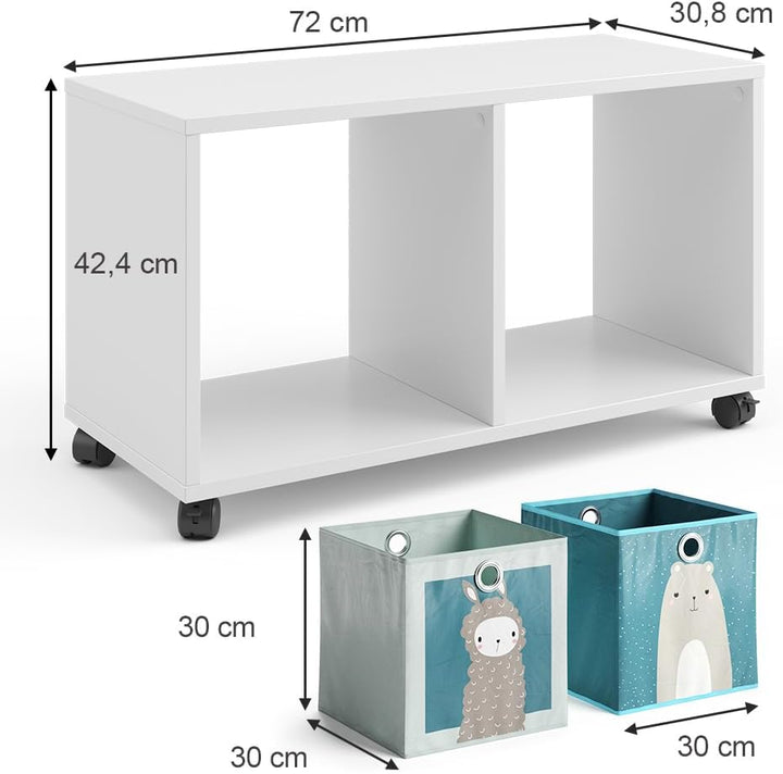 Vicco Kinderregal, Weiss, 72 x 42.4 cm mit 2 Faltboxen, auf Rollen fahrbar mit Zwei offenen Ablagefl