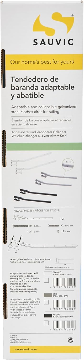 Sauvic 89415 Wäscheständer für Geländer, weiss, anpassungsfähiger und klappbarer 63 cm.
