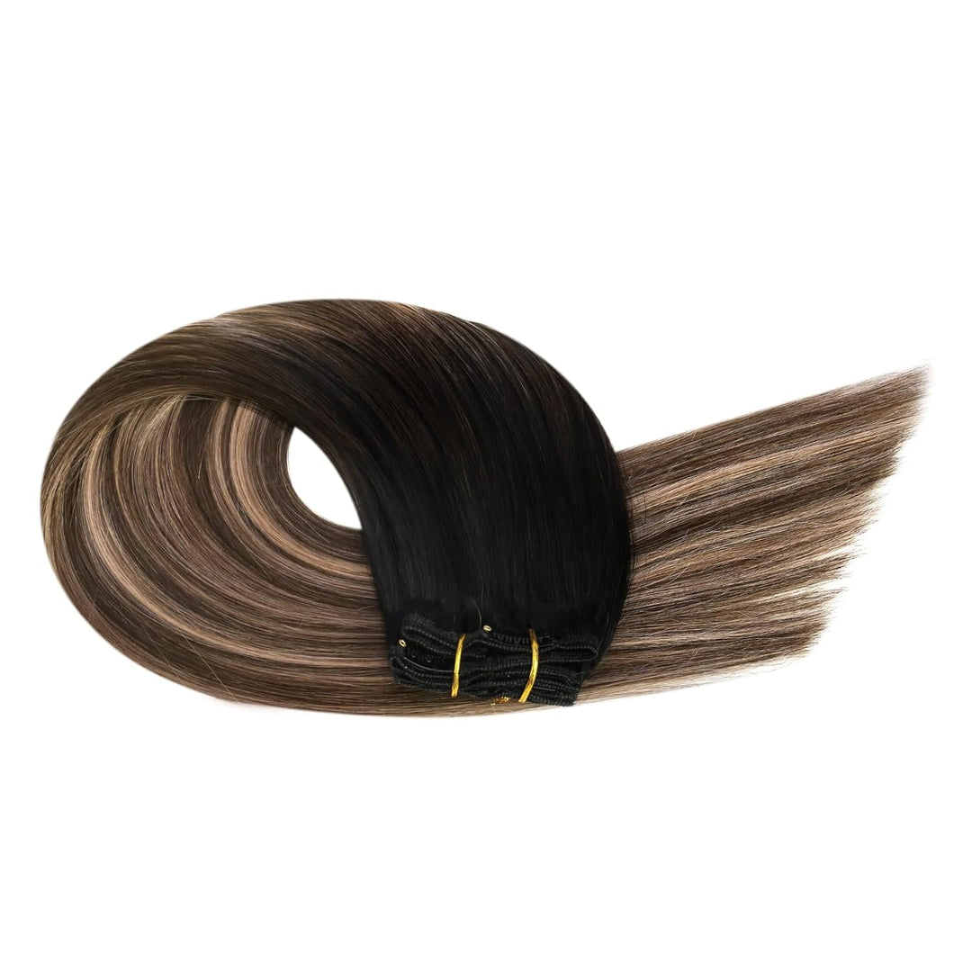 Ugeat Clip in Extensions Echtes Haar Haarverlängerungen 35cm 120g Clip in Schwarz bis Braun und Kara