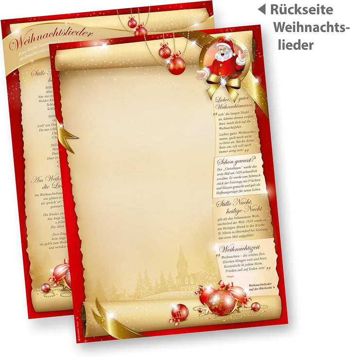 Weihnachtsbriefpapier SANTA CLAUS beidseitig (100 Blatt) Briefpapier mit Weihnachtsliedern auf der R