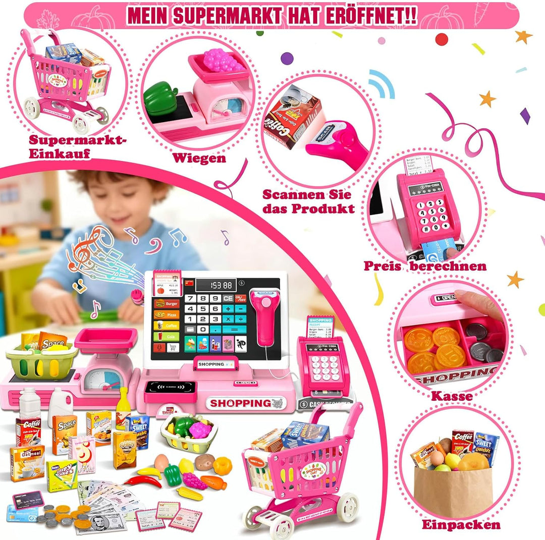HILKKET Kasse Kinder Spielzeug, Kinderkasse mit Scanner, Sound, Rechnerfunktion, Spielgeld und Zubeh