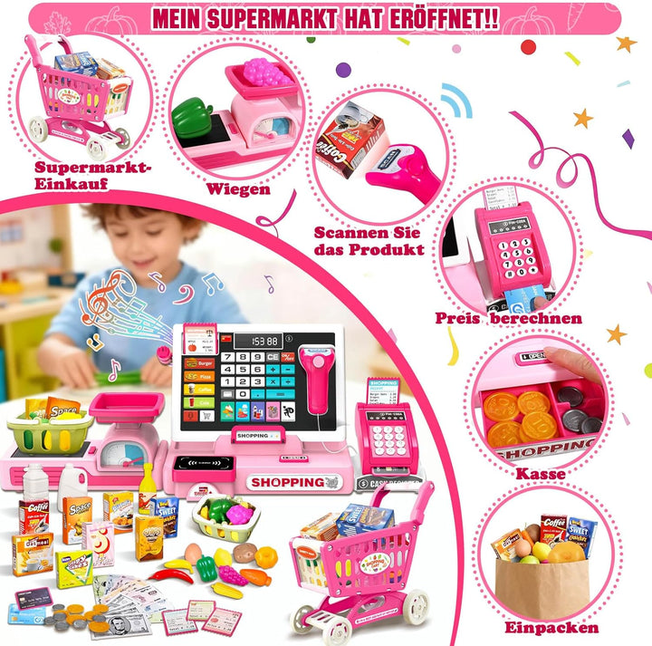HILKKET Kasse Kinder Spielzeug, Kinderkasse mit Scanner, Sound, Rechnerfunktion, Spielgeld und Zubeh