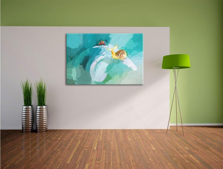Pixxprint eine Schnecke und Marienkäfer als Leinwandbild/Grösse: 100x70 cm/Wandbild/Kunstdruck/ferti