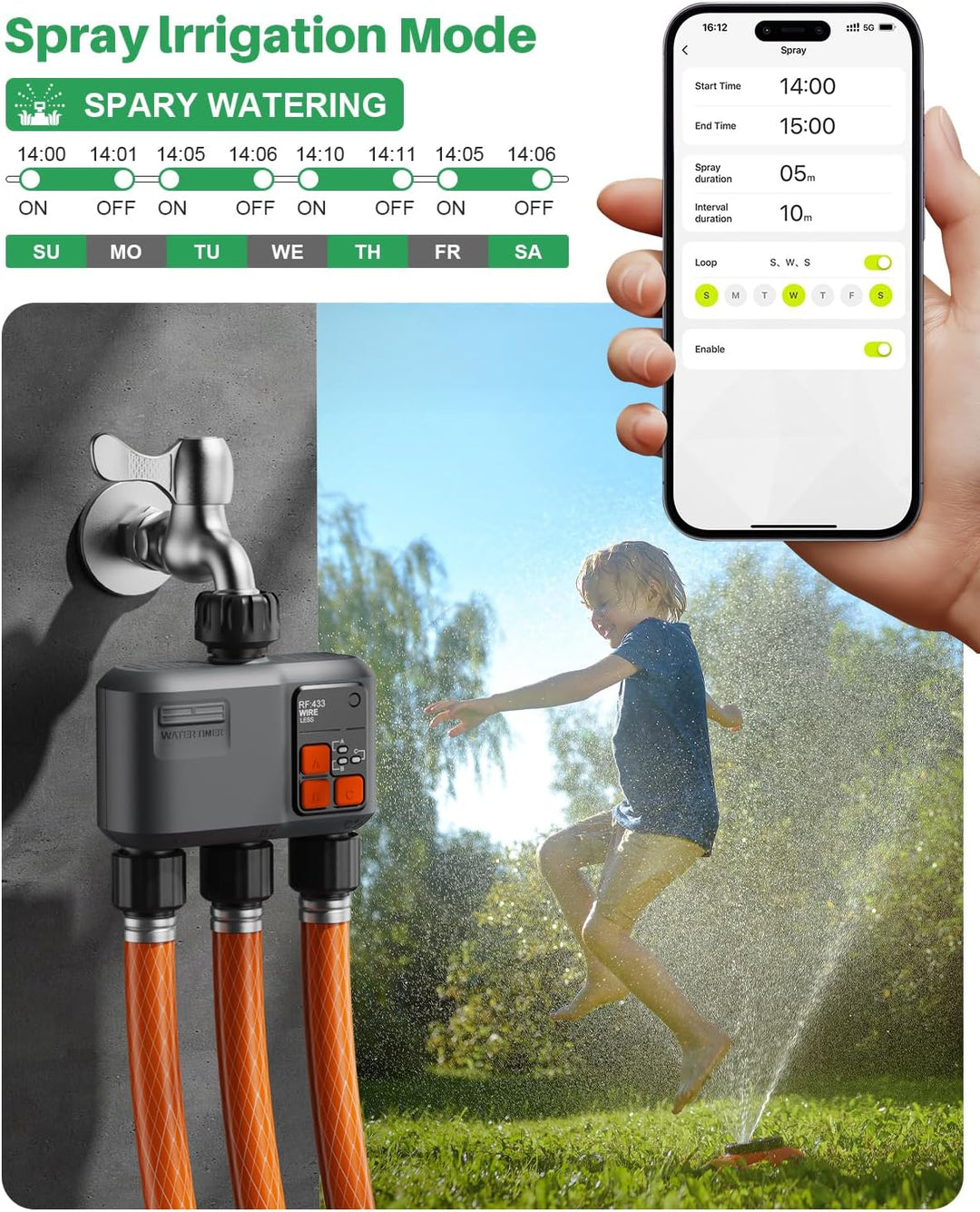 Bewässerungscomputer WLAN 3 Ausgänge mit 300M RF-Technologie, Bewässerungsuhr für Gartenbewässerung