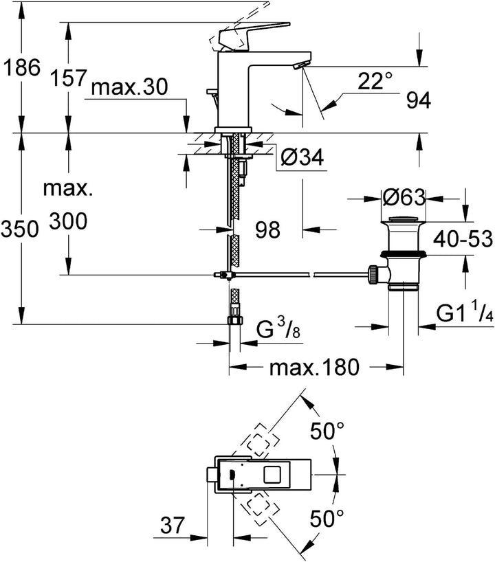 GROHE Eurocube - Einhand-Waschtischarmatur (S-Size, mit Zugstange, Einlochmontage),chrom, 23127000 S