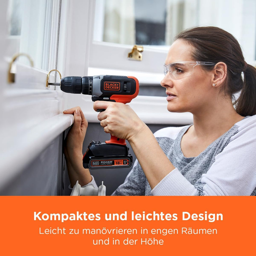 Black+Decker Akku-Bohrschrauber (18V/1.5 Ah, 10mm Schnellspannbohrfutter, 10-stufige Drehmomentvorwa