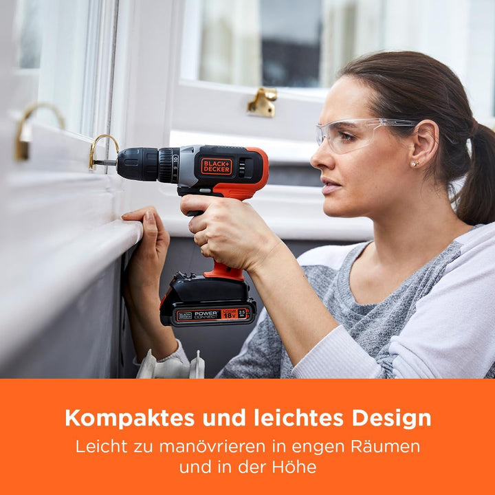 Black+Decker Akku-Bohrschrauber (18V/1.5 Ah, 10mm Schnellspannbohrfutter, 10-stufige Drehmomentvorwa