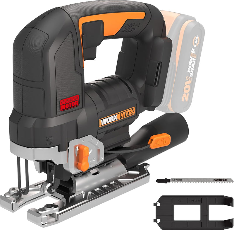 WORX NITRO WX542.9 Akku-Pendelhub-Stichsäge 20V - Bürstenloser Motor - Profi Stichsäge Mit Absaug-Ad