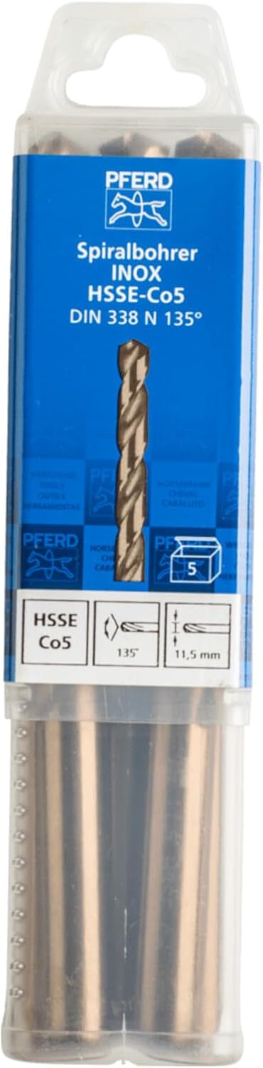 PFERD Spiralbohrer INOX, 5 Stück | Ø 11,5 mm, HSS-E Co5 N, DIN 338, 135° | 25203582 - für zähe und h