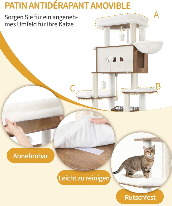 Hzuaneri Kratzbaum, Katzenbaum mit Katzenklo Schrank, Futterstation, 173 cm Hoch, mit Grosser Plattf