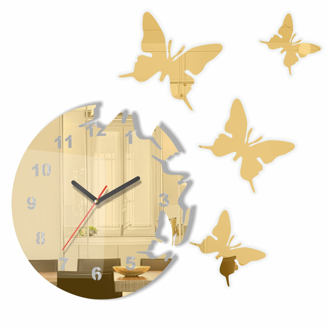 FLEXISTYLE Grosse Moderne Wanduhr Schmetterling Goldspiegel rund 30cm, 3D DIY, Wohnzimmer, Schlafzim