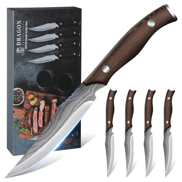 Dragon Creek Holzgriff Steakmesser Set, Steakmesser 4-teilig Edelstahl, Steakbesteck für Heim und Re