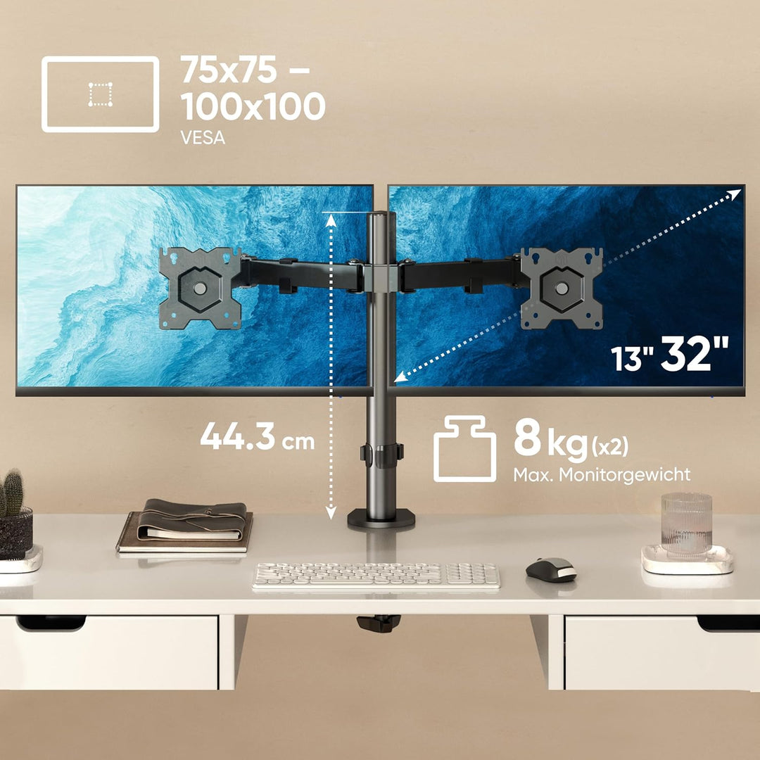 ONKRON Zweiarm Monitor Halterung für 13-32 Zoll Flach&Curved Bildschirm, Tischhalterung Höhenverstel