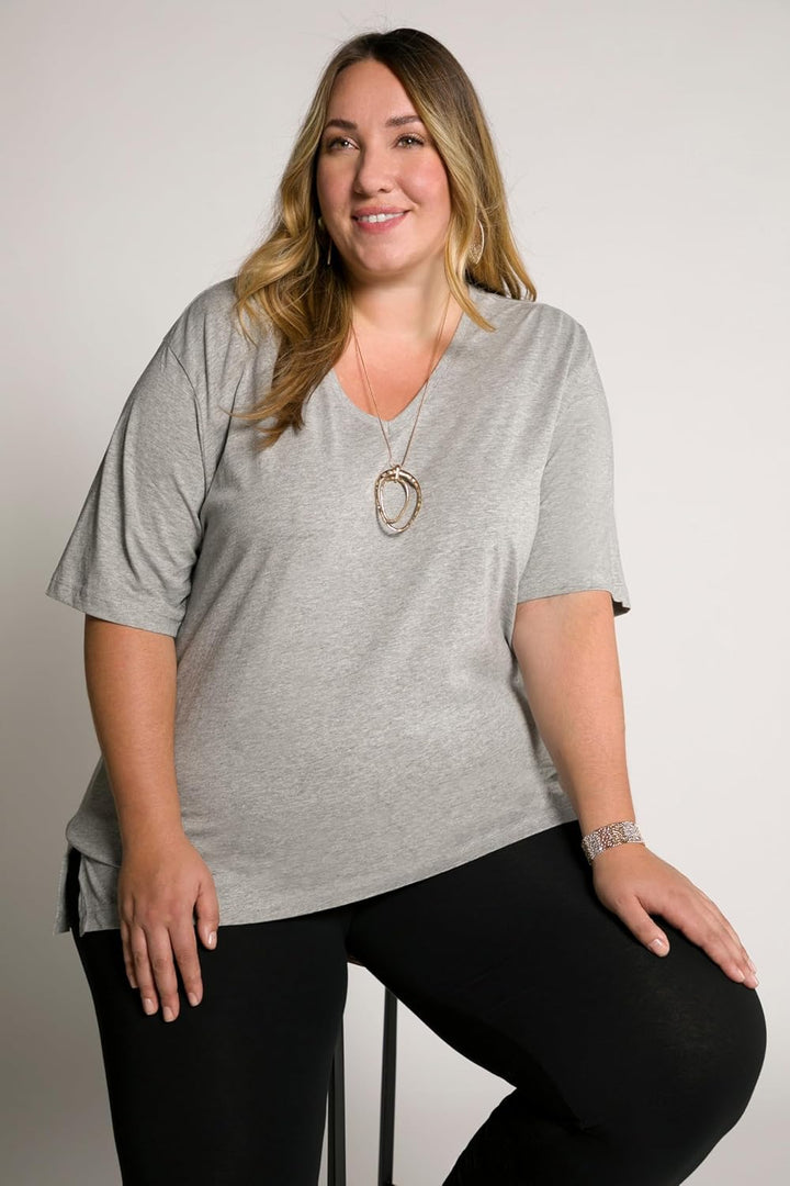 Ulla Popken Damen Basic-v-Shirt T 46-48 Hellgrau Mélange, 46-48 Hellgrau Mélange