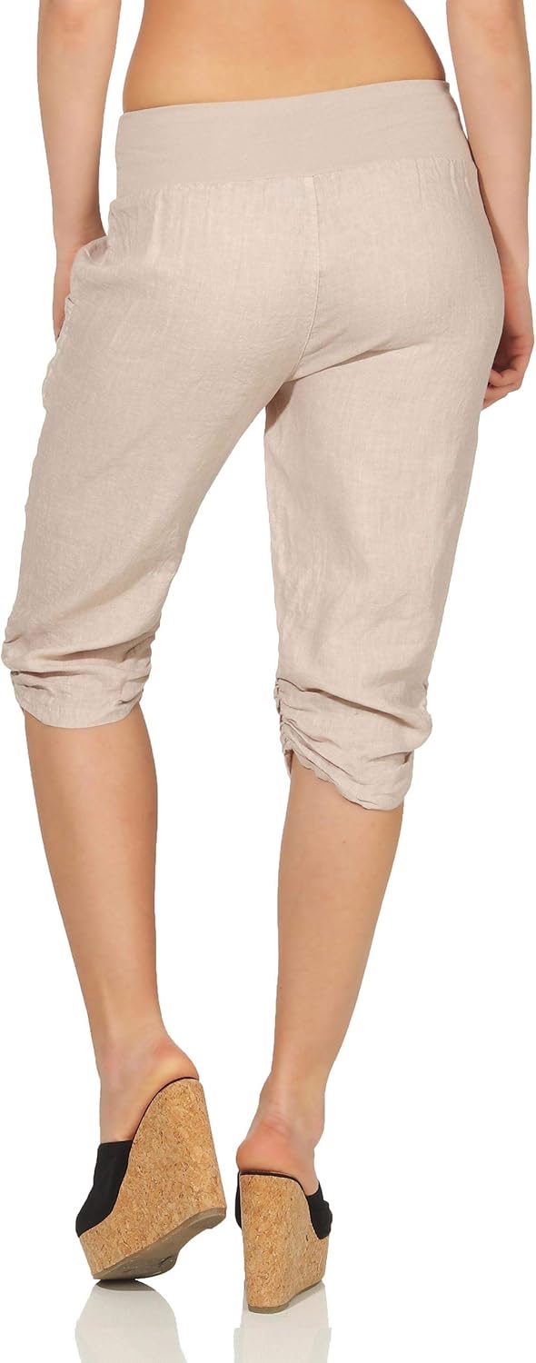 Malito Damen Hose aus Leinen | Stoffhose in Uni Farben | Freizeithose mit Knöpfen | Chino - Capri -