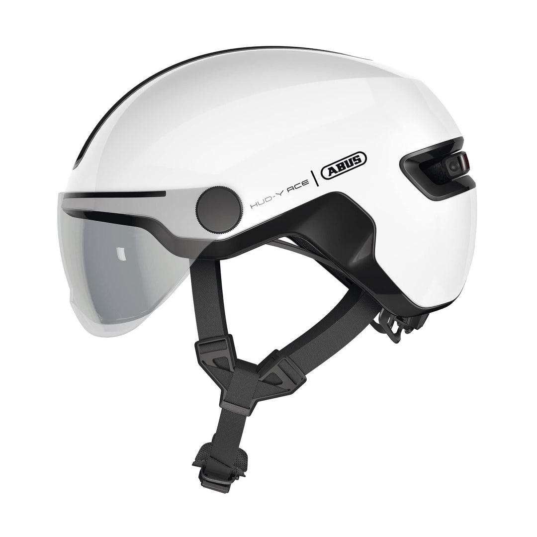 ABUS Stadthelm HUD-Y ACE - stylischer Fahrradhelm mit Visier und magnetischem, aufladbarem LED-Rückl