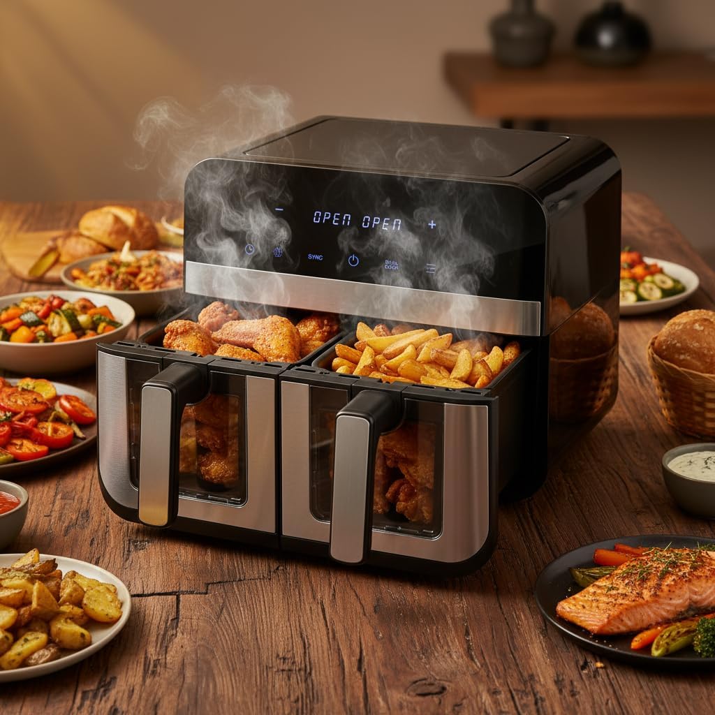 Dual Zone Heissluftfritteuse mit Sichtfenster, 9L XL Kapazität Doppel-Airfryer, 2 Schubladen, 8-in-1