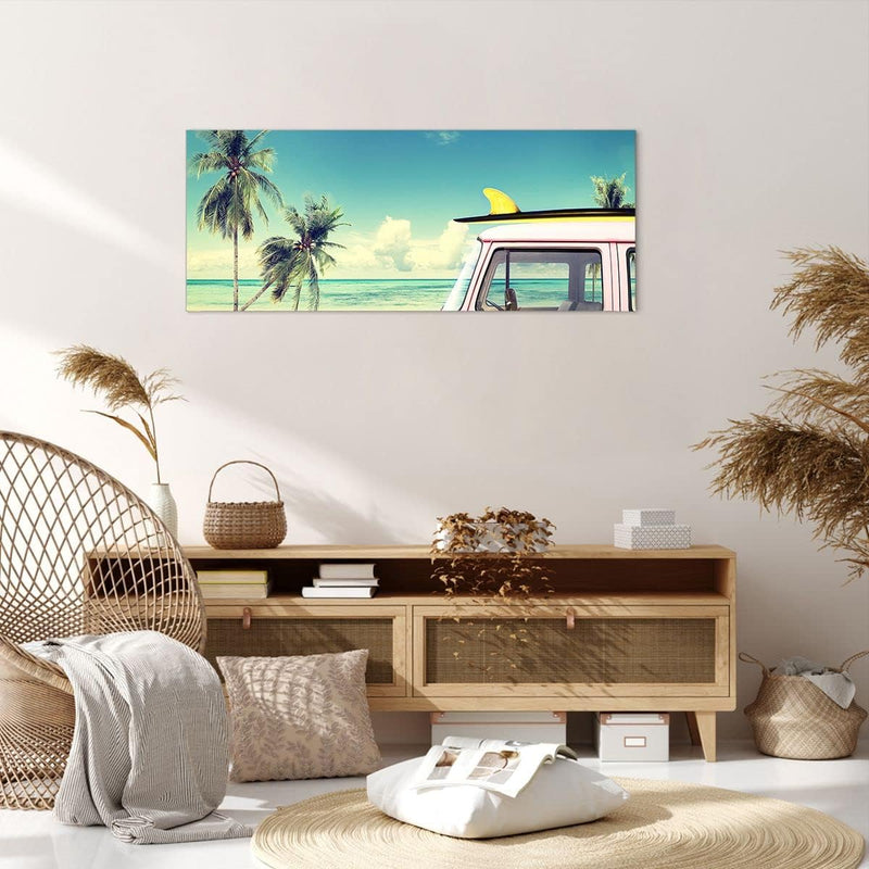 Wandbilder Dekoration Wohnzimmer Auto Surfbrett Strand Ozean Panorama Bilder auf Leinwand 120x50cm L