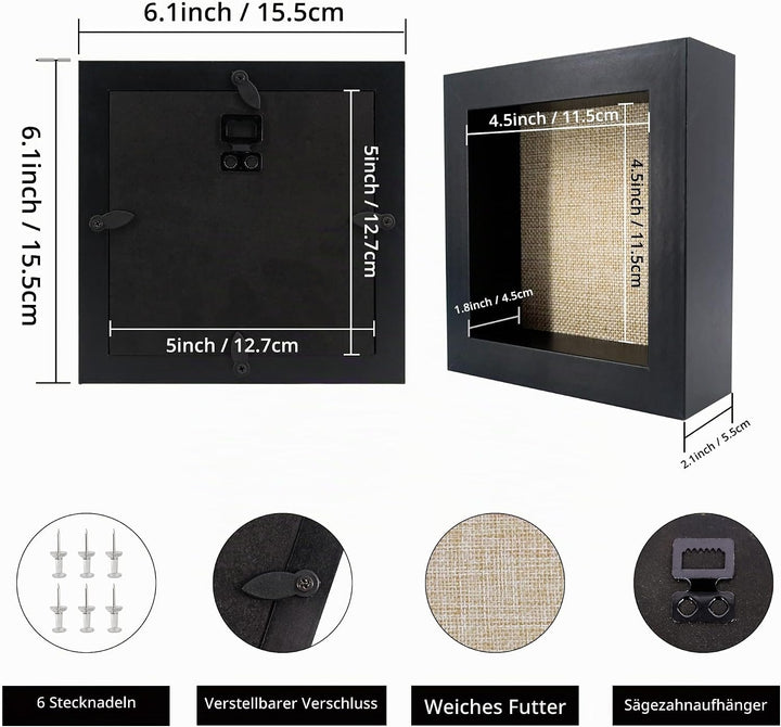 GraduatePro 3D bilderrahmen 15x15 zum befüllen schaukasten Wand für Schwarz Objektrahmen Hochzeit Bo
