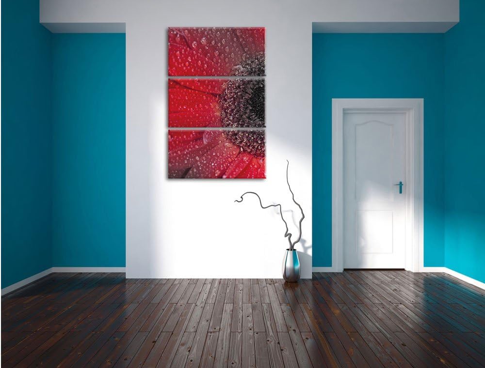 Pixxprint Rote Gerbera mit Wassertropfen als Leinwandbild/Grösse: 3 Teilig (120x80) cm/Wandbild/Kuns