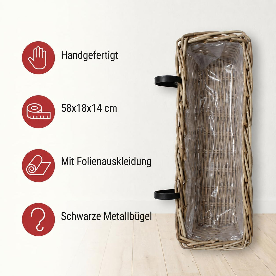 Blumenkasten, Balkontopf, Balkonpflanzer "Rattan", gross 58 x 18 x 14 cm