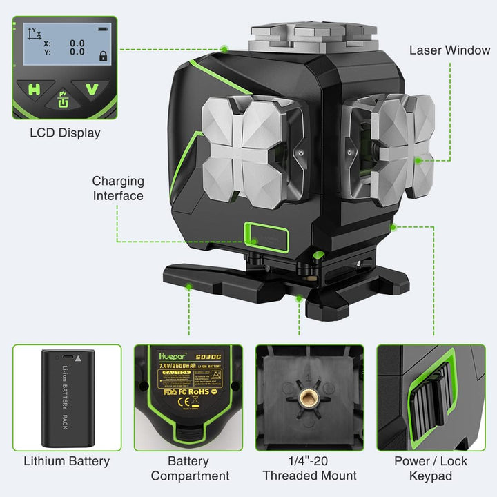Huepar 3x360°selbstnivellierendes Laserniveau mit LCD-Bildschirm, 3D Bluetooth-Verbindung Grüner Str