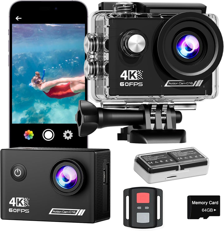 TIMNUT 4K60FPS Action Kamera, 40M wasserdichte Action Cam Unterwasserkamera mit 64 GB SD-Karte, 6-Ac