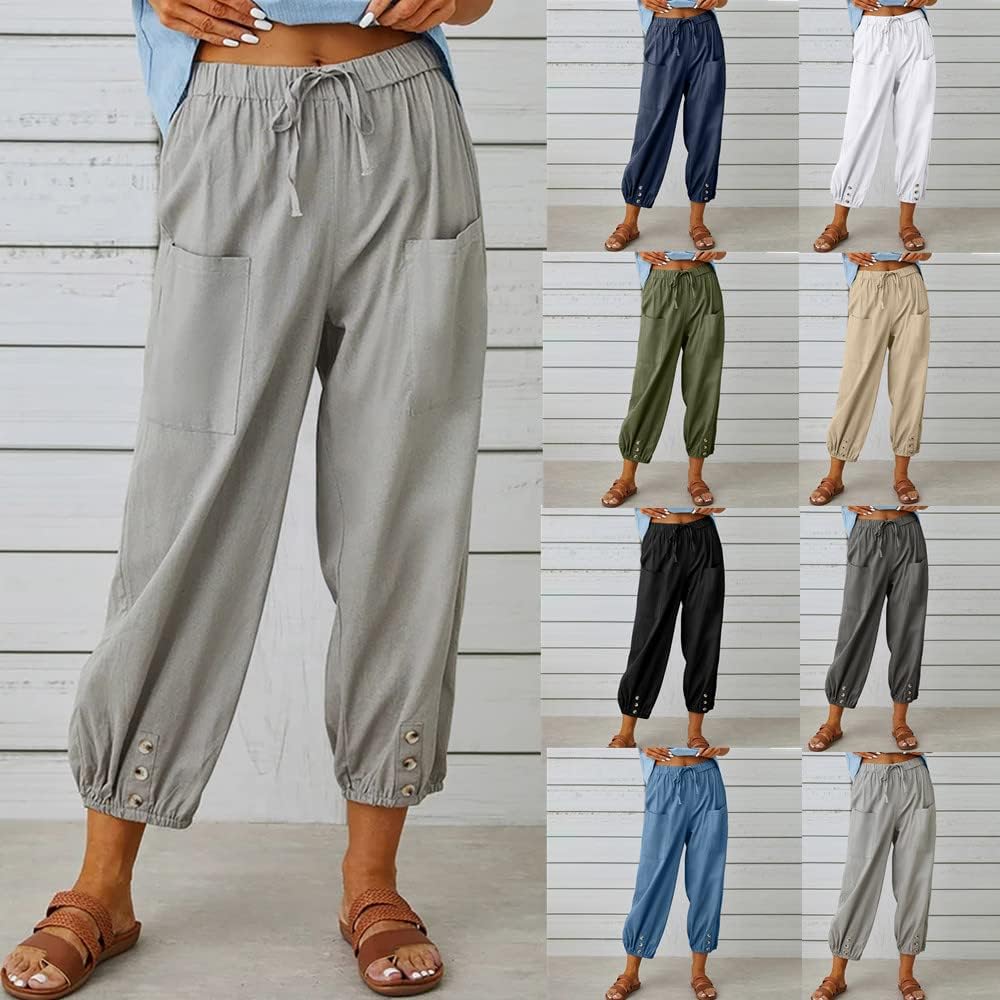 Lässige Haremshose für Damen, lockere Passform, Flachs, knöchelhoch, Sommer, Baggy Slacks mit Tasche