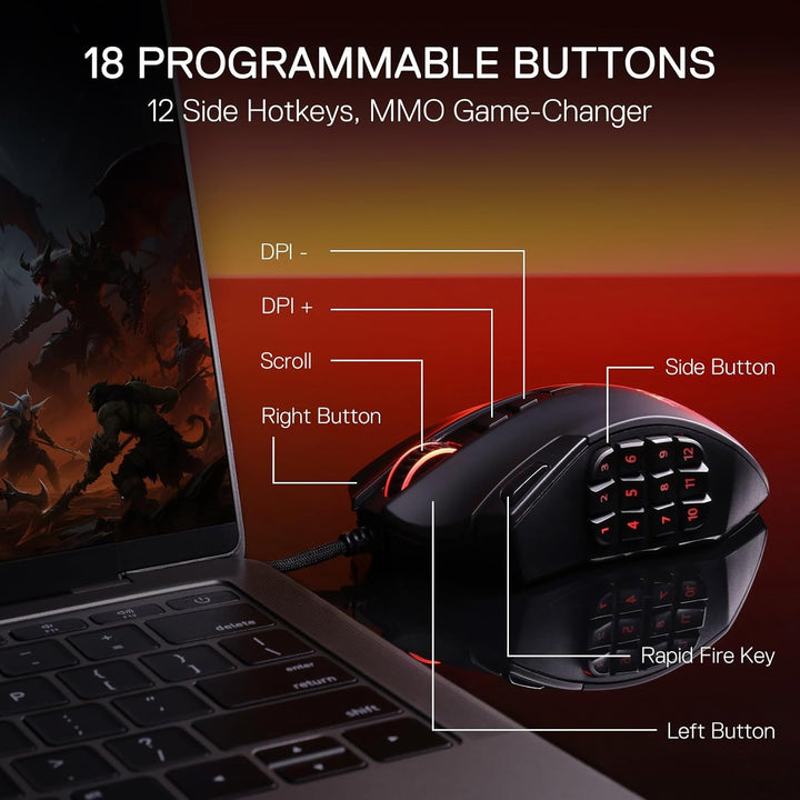 Redragon M921 MMO Gaming-Maus, 12400 DPI hochpräzise kabelgebundene RGB-Maus mit 18 programmierbaren