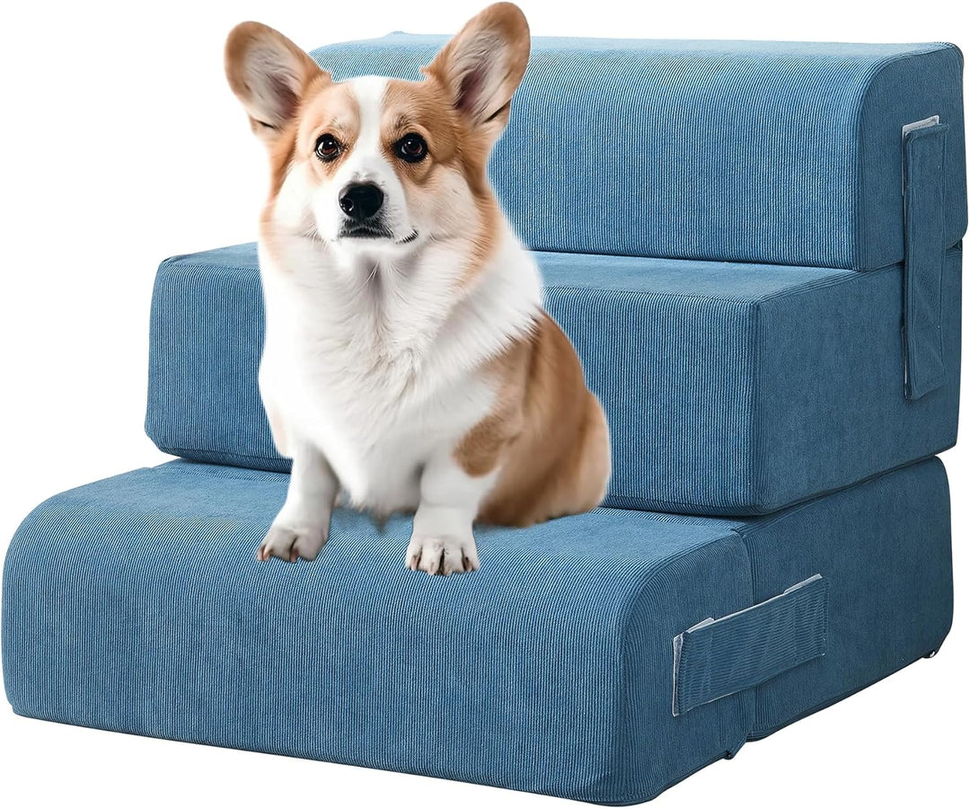[en.casa] Haustiertreppe Haustierbett Joelerhatra 4-TLG. 45x50x45 cm Cord Blau Hundetreppe Katzentre