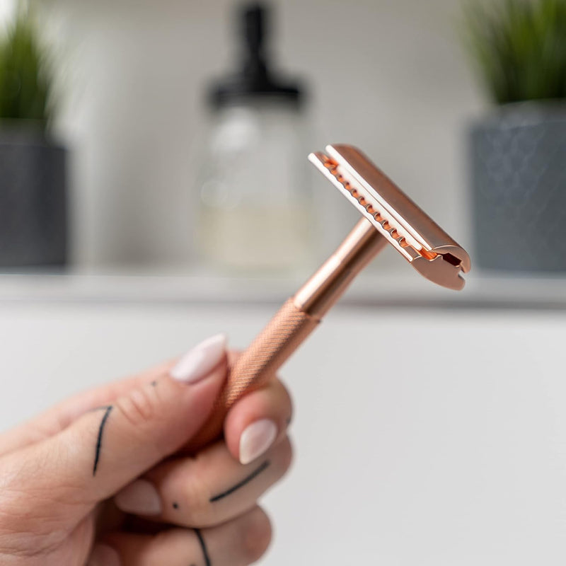 ANYMALE® Rasierhobel Rosegold Edition - Damen Set mit Ständer und 5 ASTRA Klingen - Plastikfreier Ra